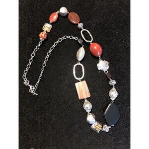 Premier Designs Red /Black Stone & Glass Beaded Long Necklace Silver Tone 32”
